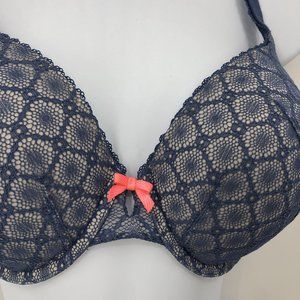 Victorias Secret Bra Blue Lace Nude 36DD Lined Perfect Coverage Convertible